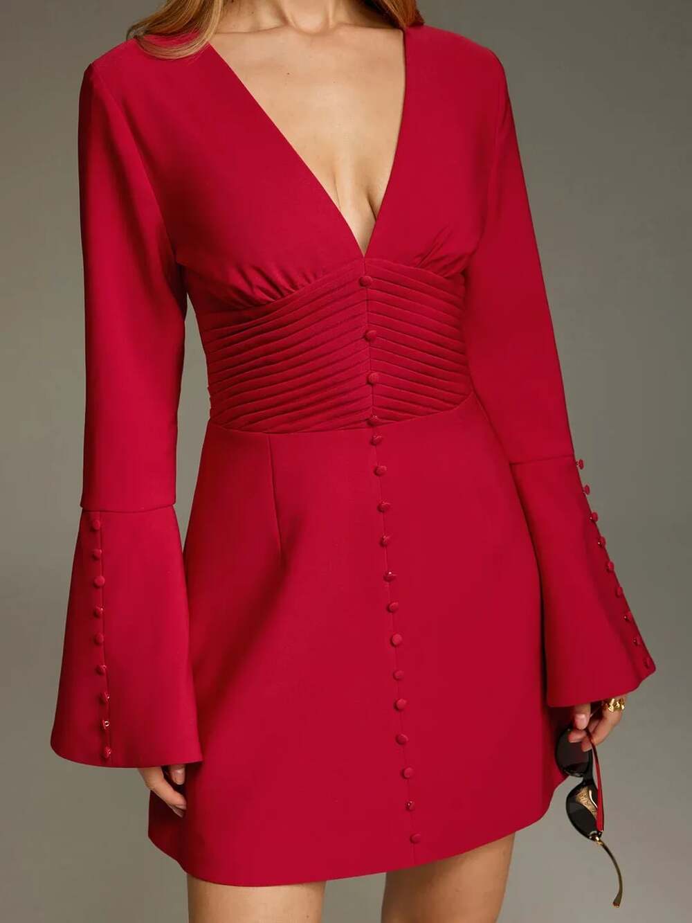 Commense Red Deep V Ruched Bell-Sleeve Mini Dress
